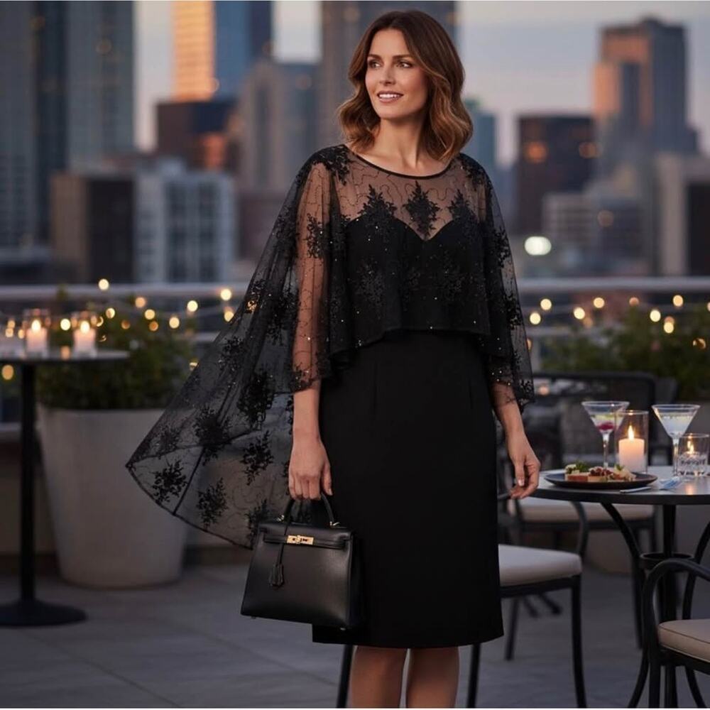 R&M Richards Women’s Size 10 Large Black Embroidered Sheer Caplet Cocktail Dress